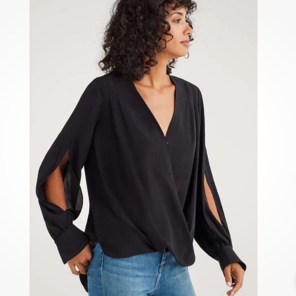 NWT 7 For All Mankind Women’s Cross Front V-Neck Black Silk Blend Top